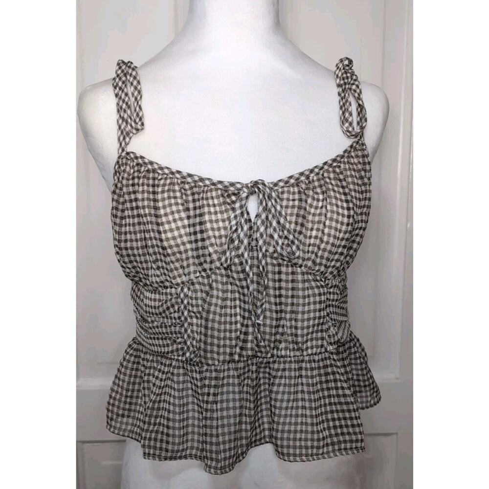 American Eagle Crop Top Brown Gingham Plaid Lined Smocked Peplum Womans M(1236)